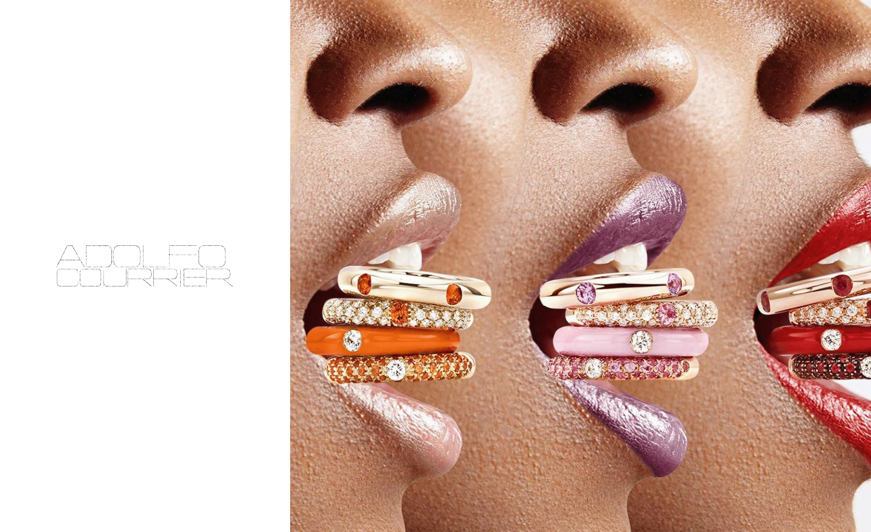 Mehrere Adolfo Courrier Ringe der Kollektio Pop sind plakativ in assortierten Farben in einen ge&ouml;ffneten Damenmund drapiert. Es sind dies drei Munde mit zu den Ringen farblich abgestimmtem Lippenstift.