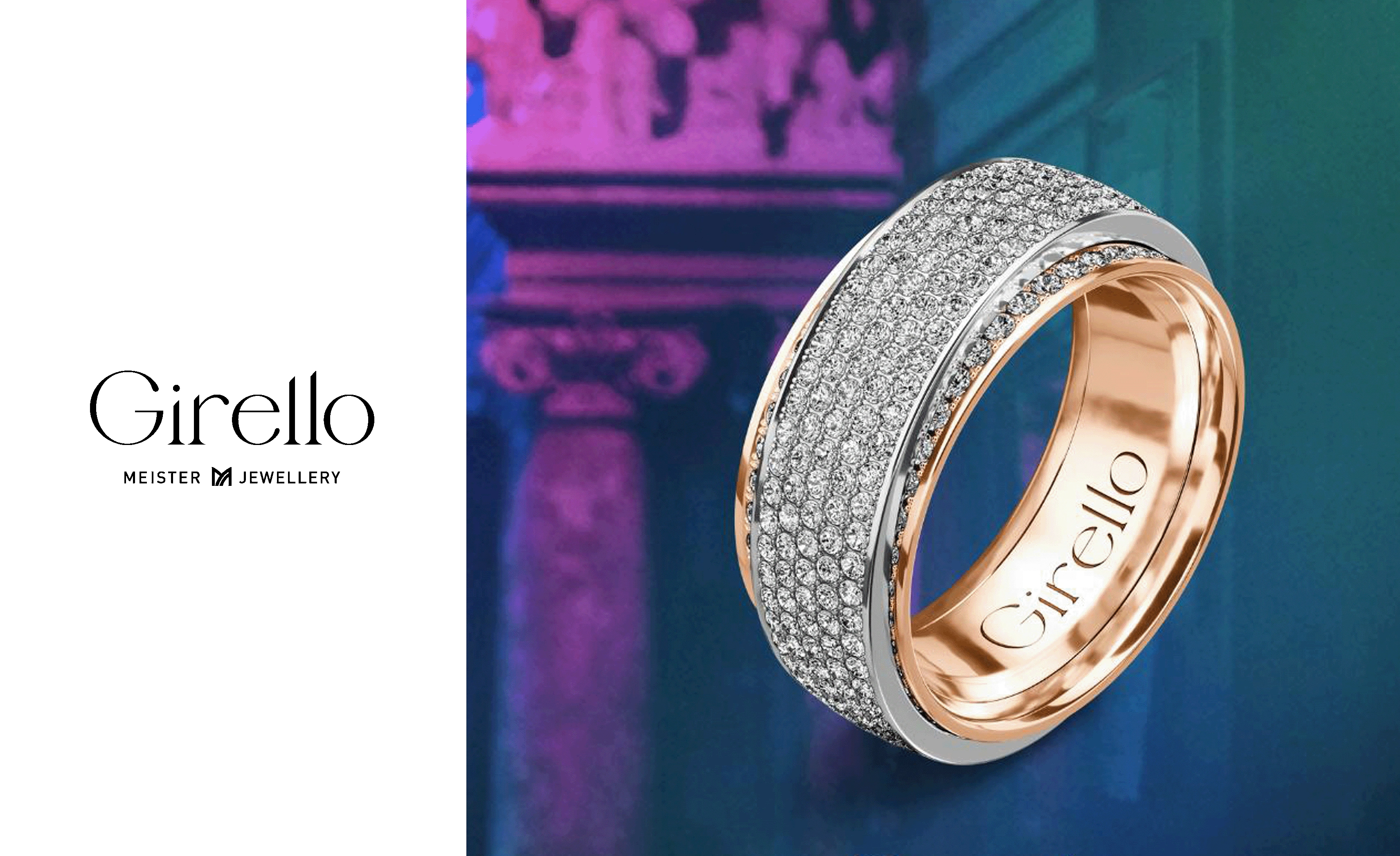 Ein Rotgold-Platin Drehring der Marke Girello ist auf einem violett-blauem HIntergrund platziert. Das Modell Infinity ist voll mit Diamantpav&eacute; ausgefasst und verl&auml;uft schr&auml;g &uuml;ber der Ringschiene.